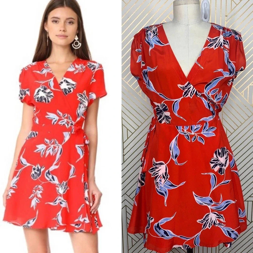 Yumi Kim Floral Lexey Silk Wrap Dress Red Multi Size US Medium